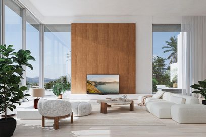 Panasonic TV-55Z95B sort, flad glasskærm, slankt mat sort metalramme med diskret centralt fod, set forfra