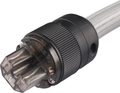 Síťový napájecí kabel STPC-TS 1,5 m, černý a stříbrný konektor, detailní záběr, mírně šikmý úhel
