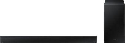 Samsung HW-B450/ZF sort soundbar, set forfra, med matchende basrør, på hvid baggrund