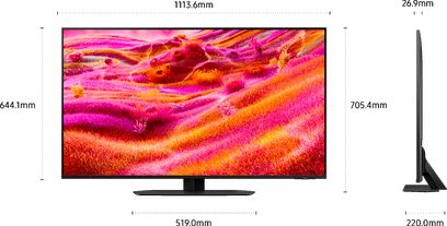 Černý televizor s plochou obrazovkou z plastu a skla, s tenkým rámečkem a centrálním obdélníkovým stojánkem. Zobrazen zepředu a z pravého boku, s tenkým panelem. Na obrazovce je zobrazená abstraktní scéna v růžové a oranžové barvě.