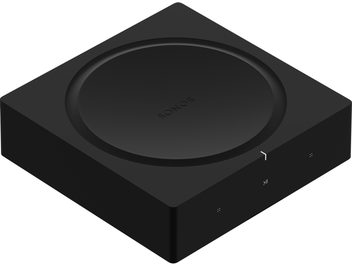 Integrert stereo hi-fi-forsterker Sonos Amp i svart, minimalistisk kvadratisk kabinett med rundt topplokk og berøringsknapper på fronten