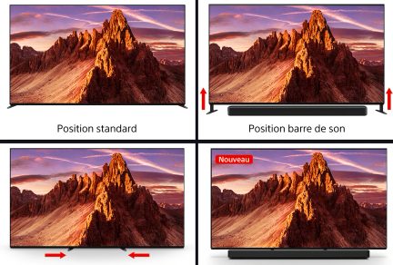 Fladskærms-tv, bjerglandskab, justerbare positioner, lavt stativ, soundbar, etiketter "standard" og "ny"