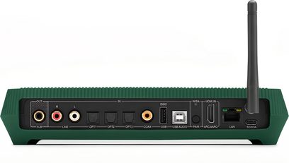 Povezan zvočnik Triangle Capella 2 v angleško zeleni barvi, pogled od zadaj z avdio priključki HDMI LAN USB in anteno