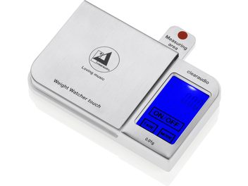 Üstten görünüşlü, mavi LCD ekranlı, "ON/OFF TARE MODE" yazılı, gümüş renkli ClearAudio Weight Watcher Touch elektronik terazi