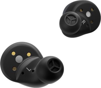 Åbent hi-fi hovedsæt Technics EAH-AZ60 i sort, 2 3/4 visninger forfra og fra venstre side, runde sorte ørekoppere med gyldne knapper