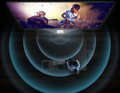 Projektor Samsung The Premiere SP-LSP9TFA promítající obraz dvou kytaristů hrajících na pódiu z čelního pohledu