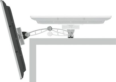 Computerskærm, metalarmled, vægbeslag, skruer og møtrikker på hvid baggrund