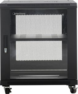 Baia informatica Norstone Pro Rack 12U nera con porta anteriore perforata, serratura, ruote e ripiano interno visibile