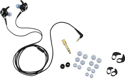Åbne Denon AH-C300 hi-fi hovedtelefoner i sort, in-ear hovedtelefoner, kabel, silikone ørepropper i forskellige størrelser