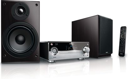 Philips MBD3000 sort hi-fi stereoanlæg med Blu-ray-afspiller, 2 højttalere, fjernbetjening, set forfra