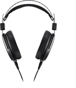 Sort Audio Technica ATH-R70xa kablet hi-fi-hovedtelefon, set forfra, med dobbelt perforeret metalbøjle, polstret hovedbånd og store circumaurale ørepuder i velour
