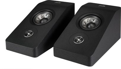 To sorte, rektangulære Polk Audio R900 Dolby Atmos-højttalere med sølvfarvet højttaler og hvidt logo