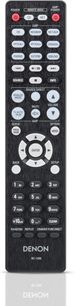 Schwarze Denon RC-1249 Fernbedienung von vorne, rote und weiße Tasten, LCD-Display