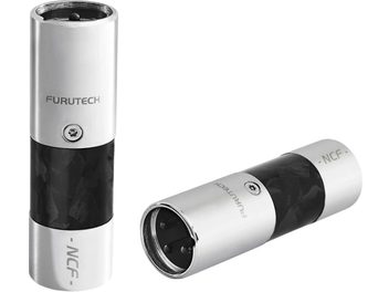 Furutech Clear-Line NCF XLR (M) störningsfilter i silver och svart, stående och liggande vyer