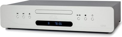 CD predvajalnik Atoll Electronique CD50 Evolution srebrn, pogled od spredaj, sprednja plošča z okroglimi gumbi, modri digitalni zaslon