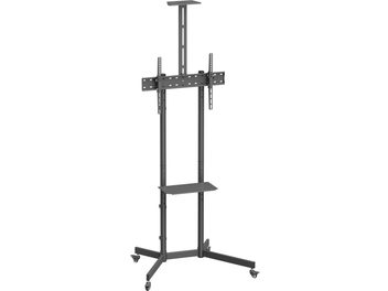 TV-stativ mobil Norstone Pro Vision One i matt svart metall, sett i trekvart profil, utstyrt med to sylindriske stolper, en perforert tverrbjelke for skjerm, en sentral hylle og en kryssformet base med fire hjul