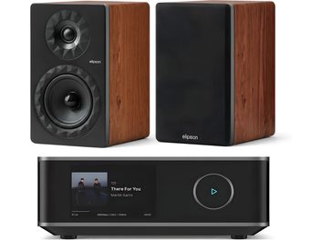 Coppia di diffusori da scaffale Elipson neri e finitura in legno con amplificatore lettore audio nero con schermo, vista frontale
