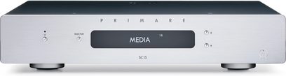 Мрежов аудио плеър Primare SC15 Prisma в сребрист цвят, изглед отпред, дисплей с надпис "MEDIA 15", два въртящи се бутона