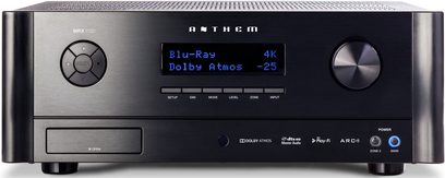 Anthem MRX-1120 sort hjemmebiografsforstærker, set forfra, blå skærm "Blu-Ray Dolby Atmos -25", knapper og stik