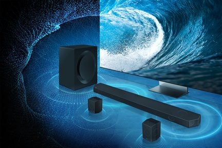 Sort audiosystem med højttalere, blå lydstråler og bølgende baggrund