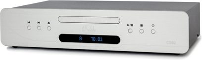 Atoll Elektronikk CD-spiller CD80 Evolution, sett forfra, rektangulært kabinett, sølvfinish, sentralt digitalt display, sirkulære knapper