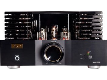 Cayin Soul 170i siyah fırçalanmış alüminyum stereo tüp entegre amplifikatör, ön görünüm, altın çerçeveli büyük dairesel ses kontrol düğmesi, yan ızgara aralıklarından görünen ışıldayan tüpler ve çok renkli giriş göstergeleri