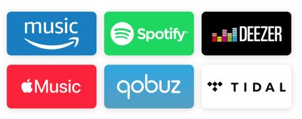 Seks rektangulære logoer for musikstreamingtjenester i forskellige farver, herunder Amazon Music, Spotify, Deezer, Apple Music, Qobuz og Tidal