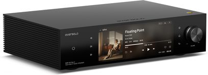 Leitor de áudio em rede EverSolo DMP-A8 Gen 2 preto, vista em três quartos, ecrã tátil a cores e botão de volume