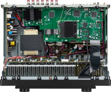 Marantz CINEMA 70s SERIE 2, indvendigt billede med grønne elektronikkort, transformer og sorte køleplader