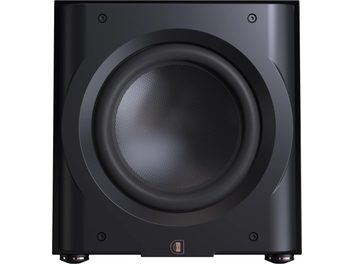 Perlisten D12s subwoofer zwart, vooraanzicht, glad oppervlak, ronde centrale luidspreker, afgeronde hoeken