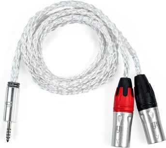 Symmetrisches Kabel von iFi Audio mit 4,4-mm-Klinkenstecker zu XLR, silbernes Geflecht mit durchsichtiger Ummantelung, einseitig mit 4,4-mm-TRRRS-Metallstecker in Silber und andererseits mit zwei XLR-Metallsteckern in Silber mit roten und schwarzen Spitzen, Draufsicht