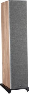 Vloerstaande luidspreker Davis Acoustics Krypton 10, perspectiefweergave, lichte houtafwerking, voorkant bedekt met grijze stof, zwarte voet.