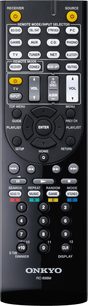 Sort Onkyo RC-898M fjernbetjening med grå og gule knapper, set forfra