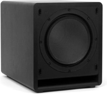 Klipsch SW-110 sort subwoofer set forfra, kubisk form, central rund højttaler, afrundede kanter