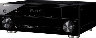 Pioneer VSX-820 black home theater receiver, front view, blue display, silver buttons and knobs, two built-in speakers
