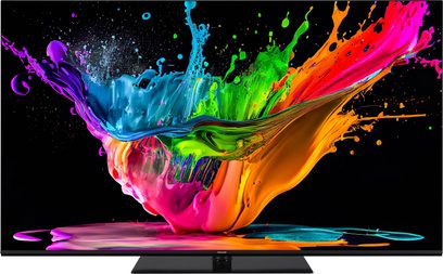 Téléviseur Panasonic TX-65MZ800E affichant une explosion de couleurs vives et fluides sur un fond noir
