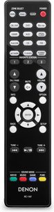 Černý dálkový ovladač Denon RC-1187 s vícebarevnými tlačítky pro ovládání různých funkcí AV receiveru domácího kina