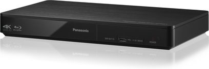 Panasonic DMP-BDT170 4K Blu-ray-afspiller i sort, set forfra, med blank front, tænd/sluk-knap og diskskuffe
