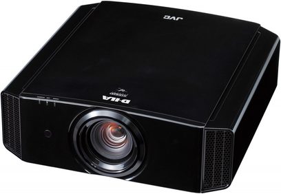 JVC DLA-X900RBE sort videoprojektor, frontvisning, centreret linse, sideventilationsgitre, knapper på toppen
