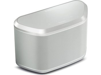 Belaidė „Yamaha WX-030" garso kolonėlė, balta, kompaktiška, suapvalinta, perforuotas metalinis tinklelis, jutikliniai mygtukai