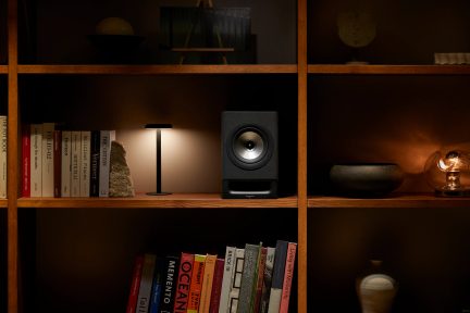 Estantería de madera con libros, lámpara negra encendida, altavoz negro, piedra, cuenco gris, bombilla decorativa, jarrón blanco