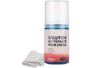 Flacone trasparente di soluzione detergente per vinili Enova HIFI, liquido blu, panno bianco, sfondo bianco