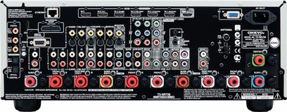 Onkyo TX-NR708 hjemmebiografsforstærker, bagside, tæt centreret billede af lyd- og videostikkene