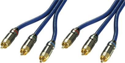 To blå digitale Lindy YUV Premium guld 37531 koaksialkabeler, 1 m, med forgyldte RCA-stik, parallelle på hvid baggrund