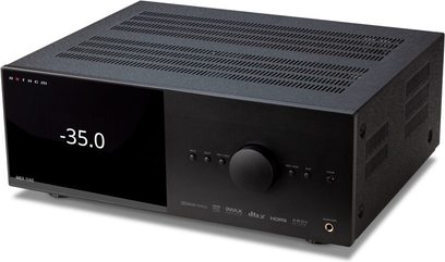 Anthem MRX 740 8K sort hjemmebiograf-forstærker, frontpanel med LED-display "-35.0", knapper og stik, set forfra