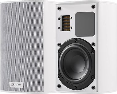 Enceinte sem fio conectada Piega Ace 30 Wireless (TX + RT) branca, vista de frente, grade perfurada, alto-falante circular, tweeter retangular