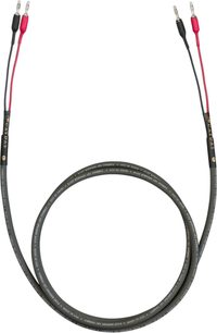 Cardas HP 101 Speaker luidsprekerkabel 2 x 4m, bovenaanzicht, rode en zwarte banaanstekkers, grijze mantel met opschriften