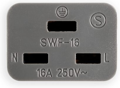 Grå plastikfront på Supra LORAD 2.5 CS-16-EU-hunstik, N/L/jord-spalter, SWF-16 16A 250V, forfra set