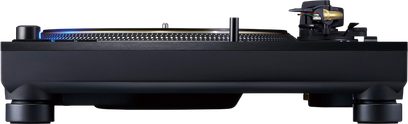 Gramofon Technics SL-1210GMEEK černý, pohled ze strany, perforovaný kovový talíř a zlatá přenoska na raménku