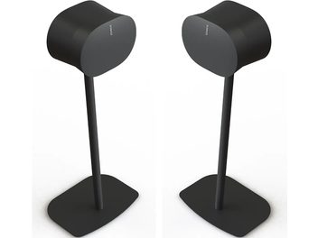 Pair of black Mountson speaker stands for Sonos Era 300, flared cylindrical shape, displayed on a white background